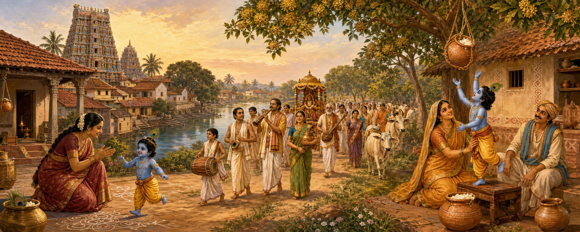 A continuous landscape links a Tamil courtyard, traveling devotees, and a Braj village through recurring scenes of families caring for child Krishna.