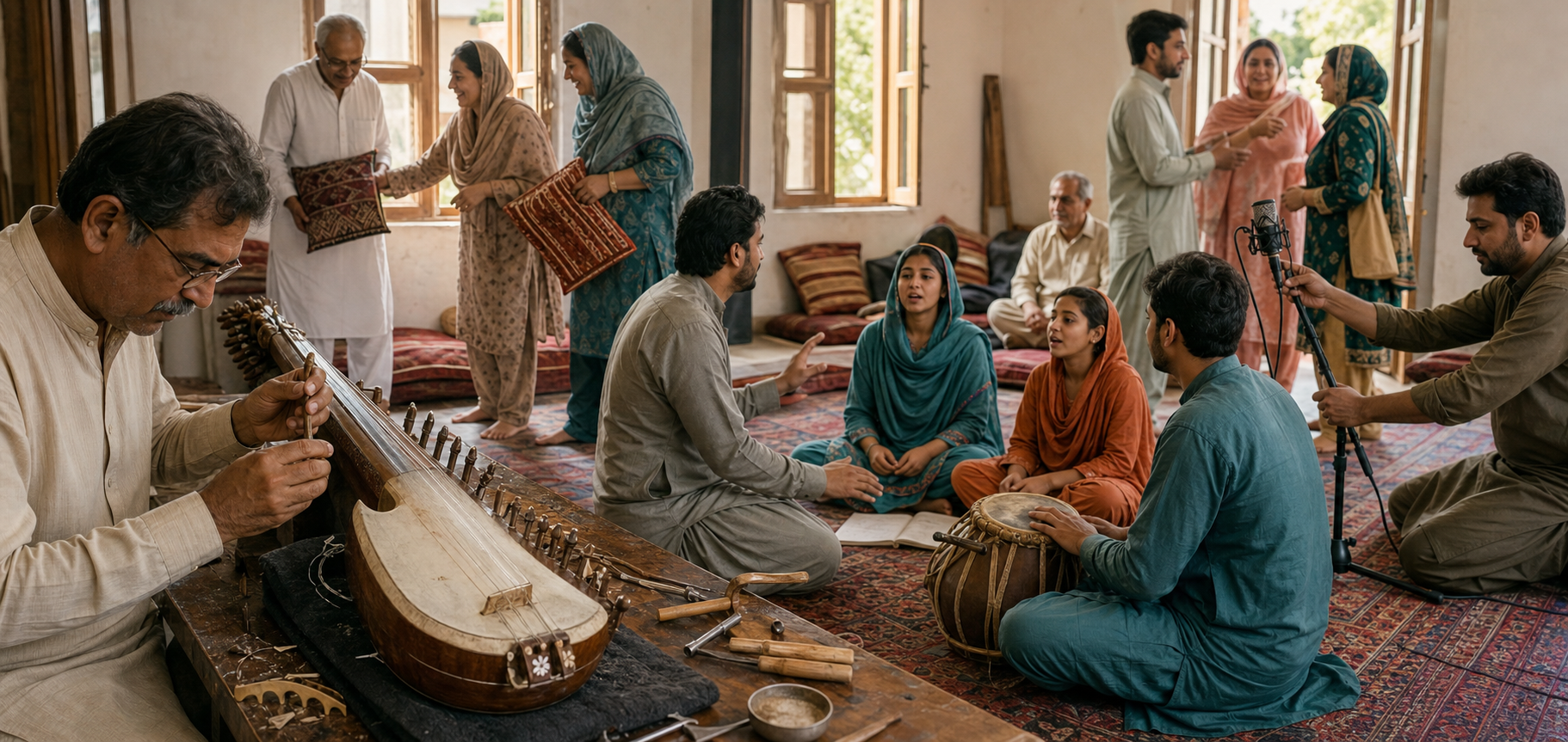 Instrument repair, vocal teaching, percussion practice, recording, and community preparation take place together in a sunlit cultural center.