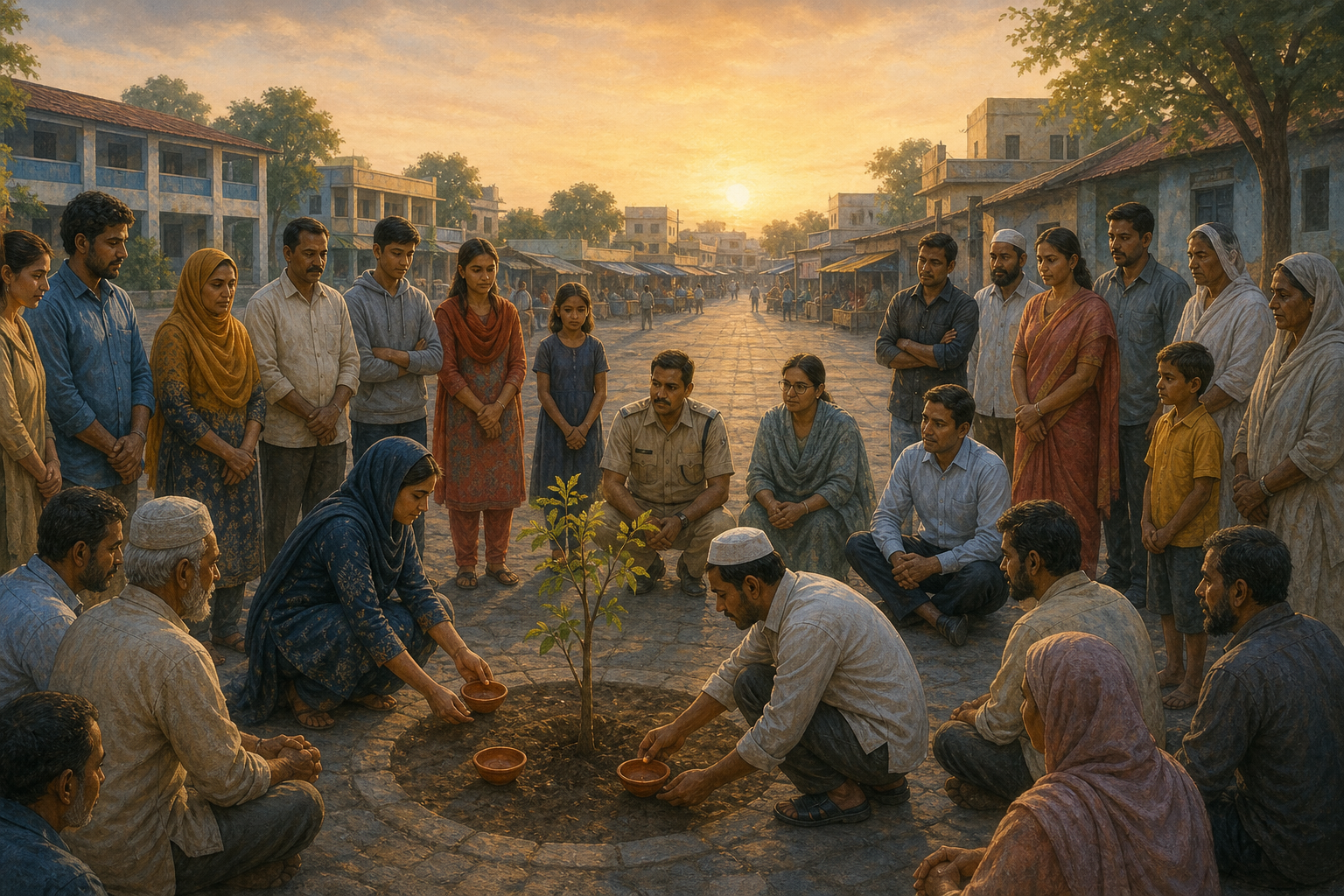Residents, police, and a civil officer gather around a young sapling in a quiet public courtyard at sunrise.