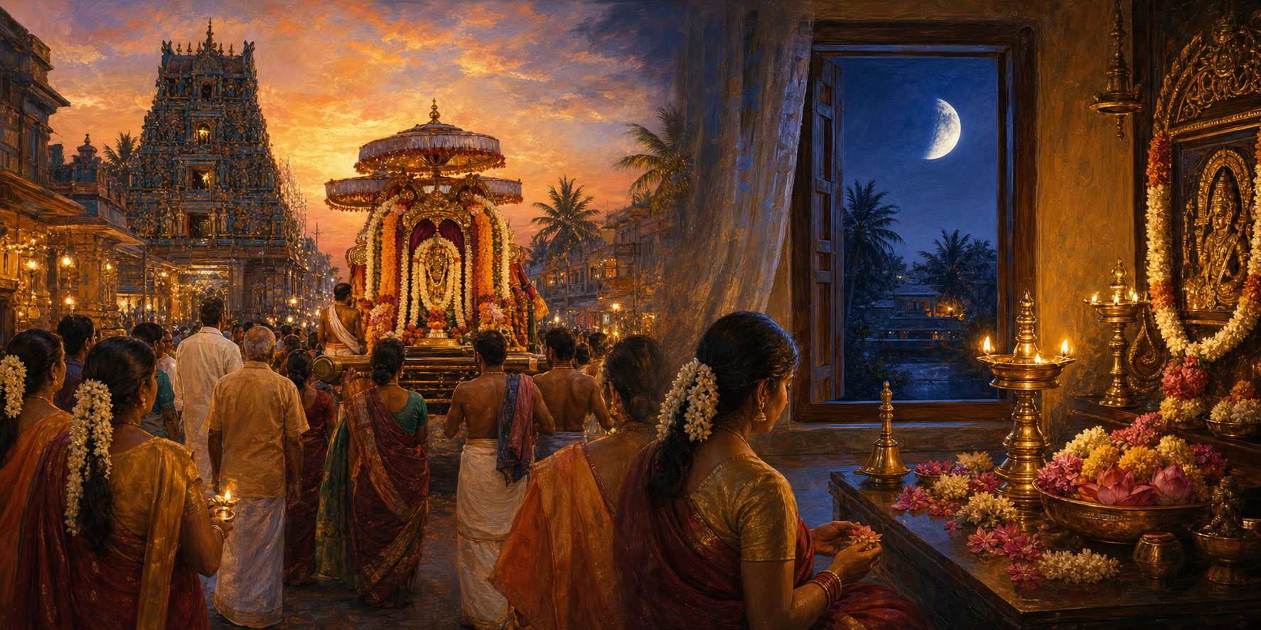 A split-scene illustration showing devotees awaiting a temple procession on one side and a lamp-lit household shrine beneath a waxing moon on the other.