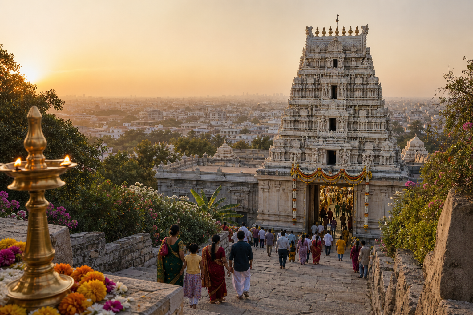 Devotees walk toward a South Indian temple on a Hyderabad hill as brass lamps glow in the early morning light.