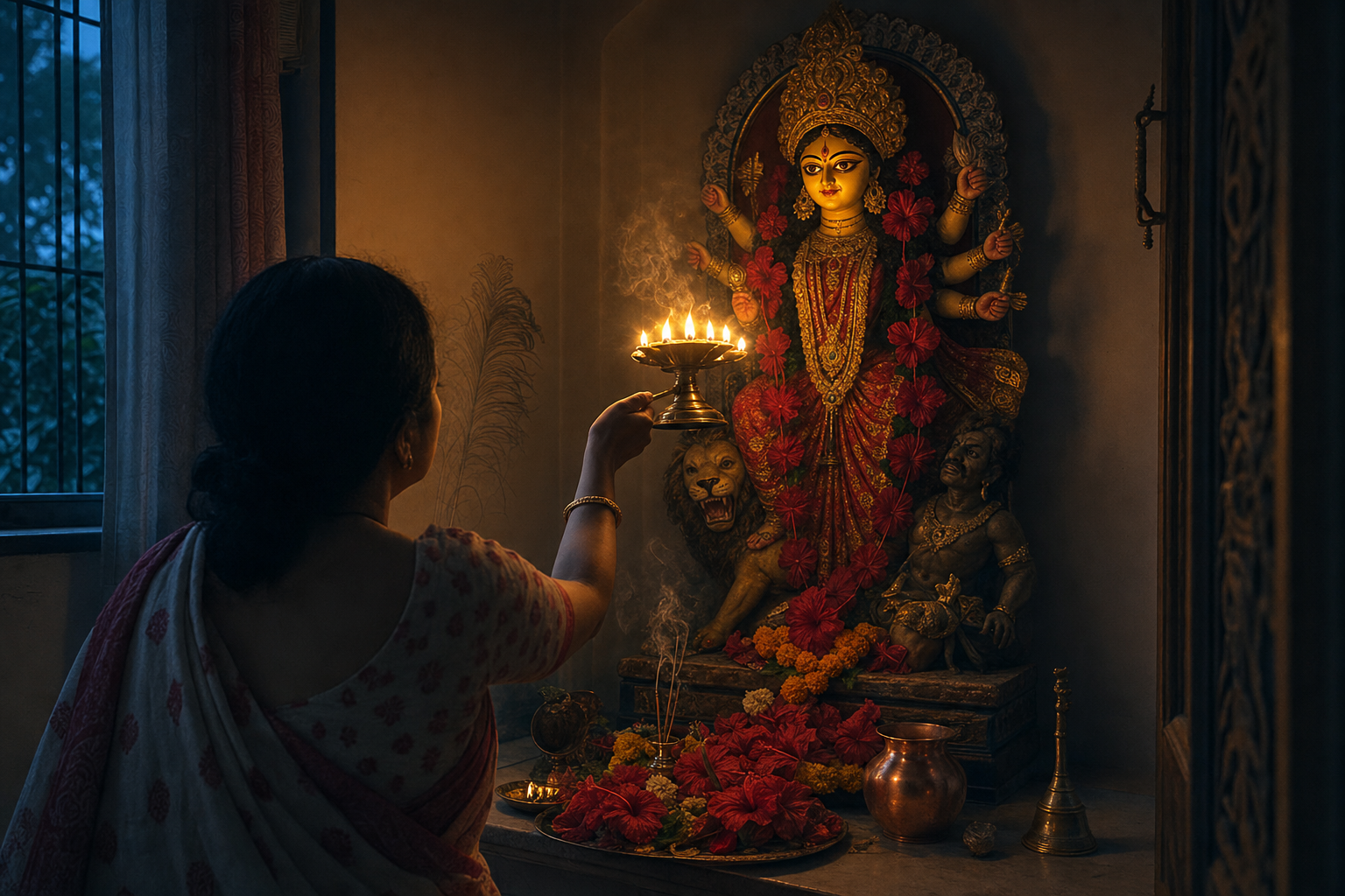 A devotee offers a brass oil lamp before a Durga murti as the flames illuminate the goddess's face, flowers, incense, and altar vessels.