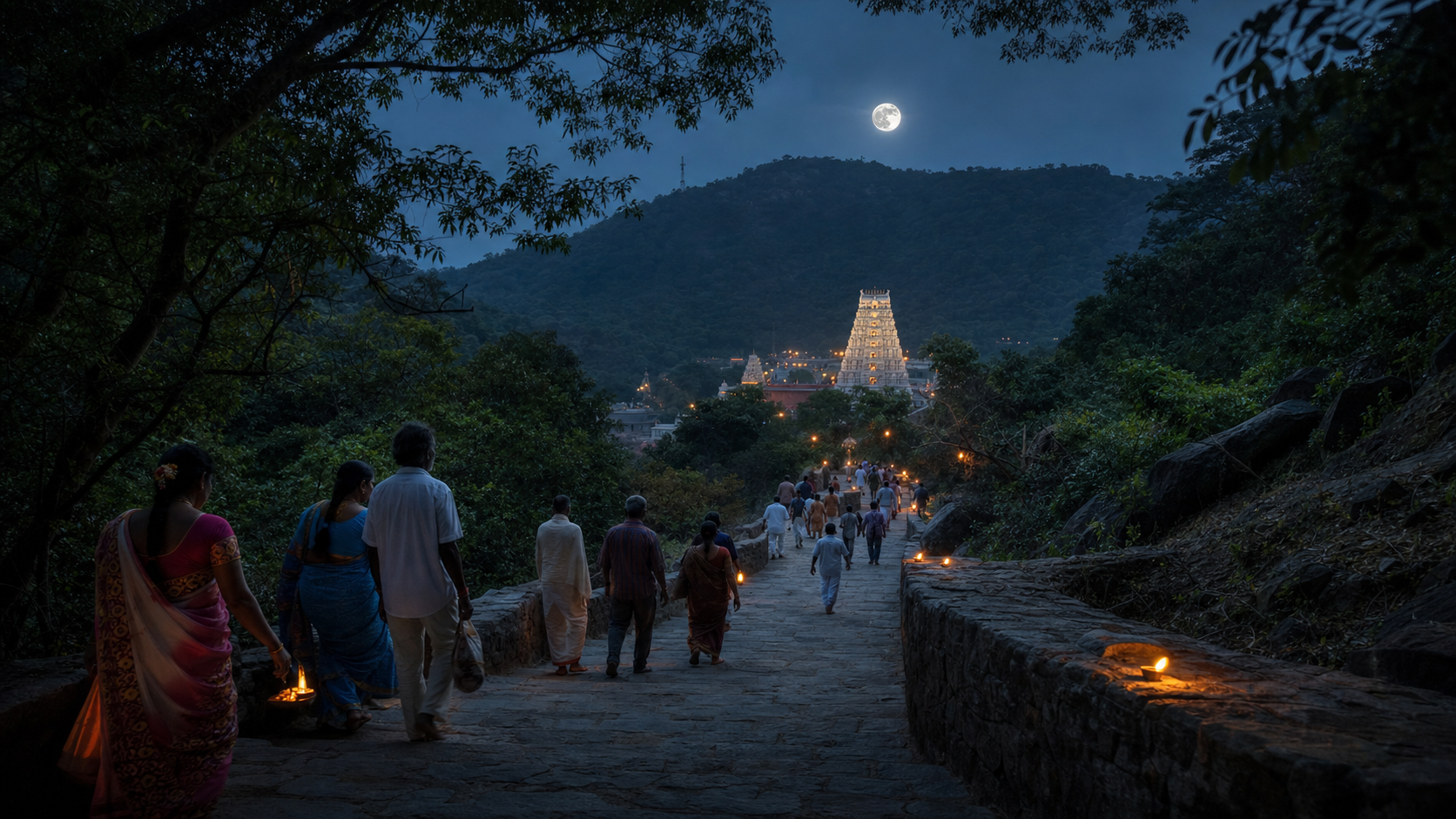 Pilgrims walk in an orderly group along a forested Tirumala hill path beneath a bright full moon before dawn.