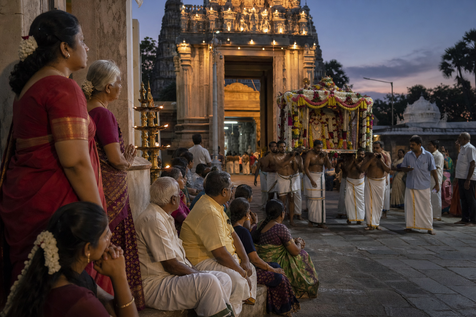 Devotees wait along a temple street as attendants carry a flower-decorated ceremonial palanquin through a lit gateway at dusk.