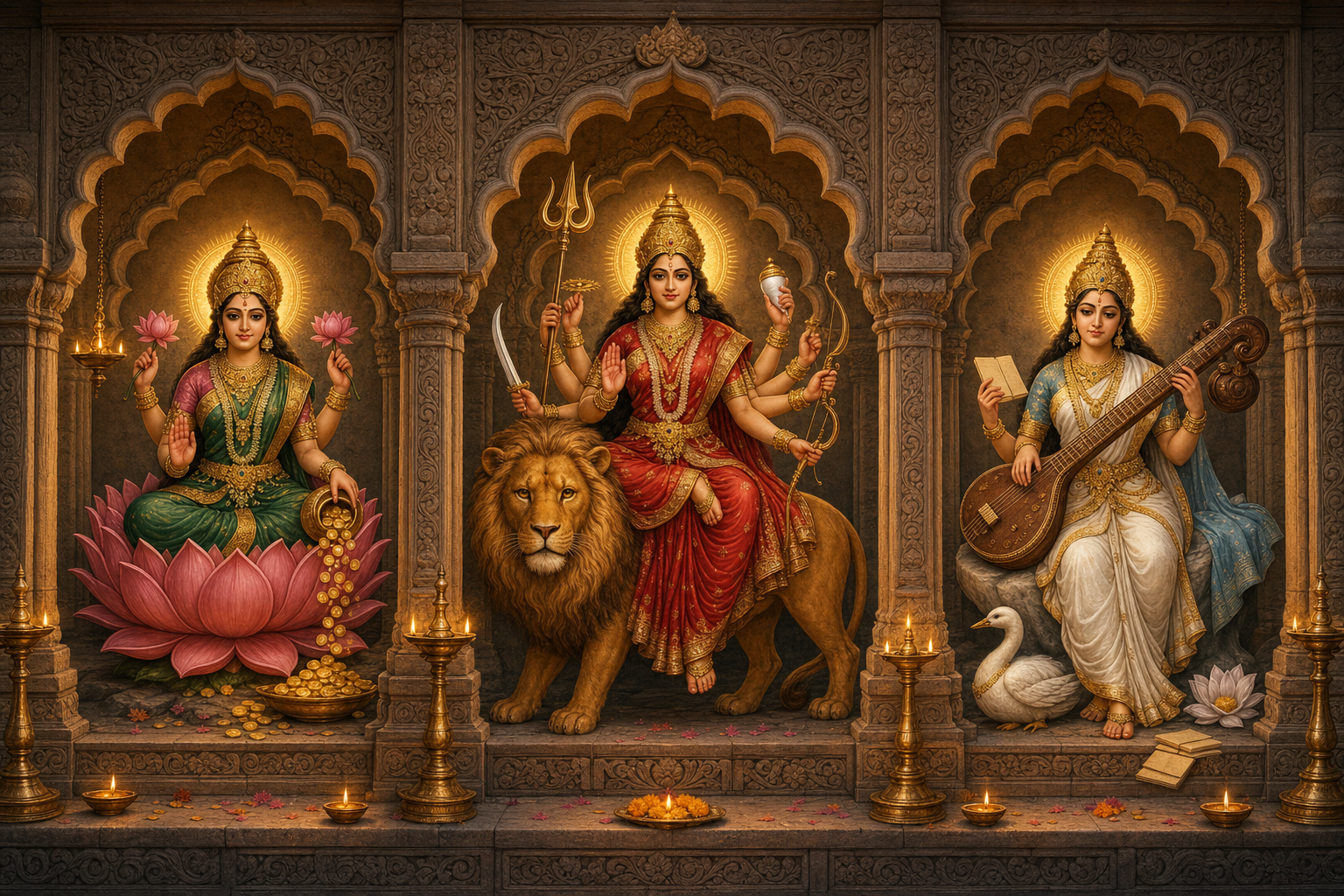 Durga, Lakshmi, and Saraswati appear in separate shrine niches with distinct vehicles and attributes, each surrounded by a golden halo.