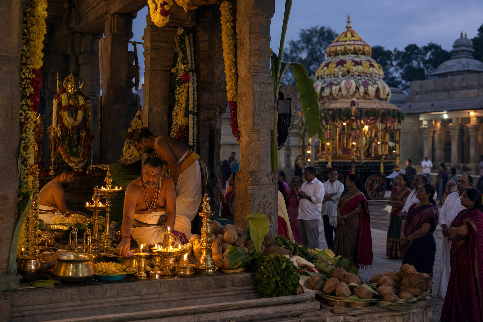 A brass lamp, garlands, devotional offerings, a moon reflection, and a plain closed almanac form two contrasting arrangements on a stone surface.