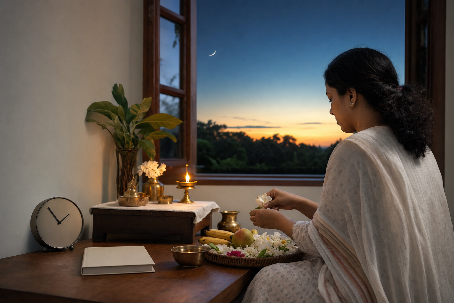 A devotee prepares flowers, water, fruit, and an oil lamp at a household shrine while a waxing moon remains visible in the dawn sky.