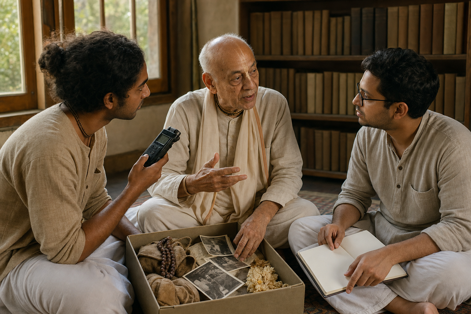 An elderly devotee shares memories with two younger listeners beside an audio recorder and a box of devotional keepsakes in a temple library.
