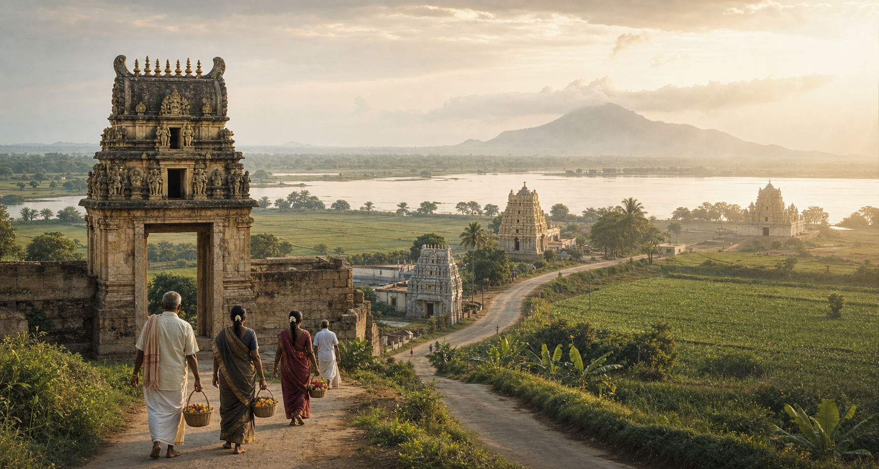 Pilgrims follow a rural road from a South Indian temple toward several shrines beside the Krishna River at sunrise.