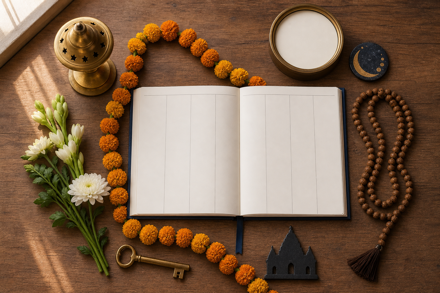 An overhead arrangement of a blank planner, clock, moon token, prayer beads, flowers, brass lamp, key, and temple-shaped marker connected by marigolds.