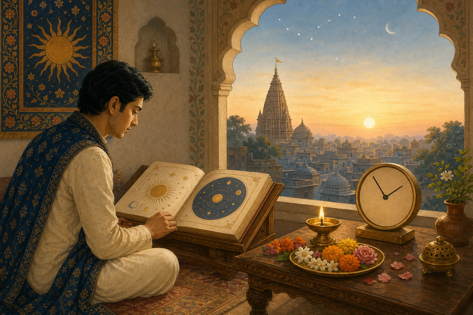 A person sits beside an open almanac, an unnumbered clock, flowers, and a brass lamp as the winter sun rises over city rooftops and a distant temple.