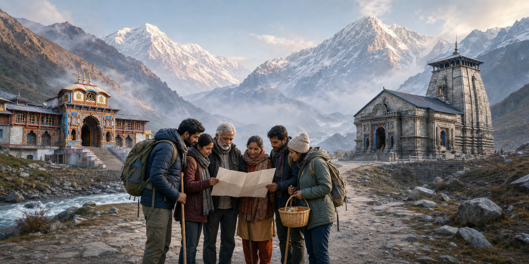 Travelers review their route in a Himalayan panorama featuring Badrinath Temple and Kedarnath Temple in separate mountain valleys.