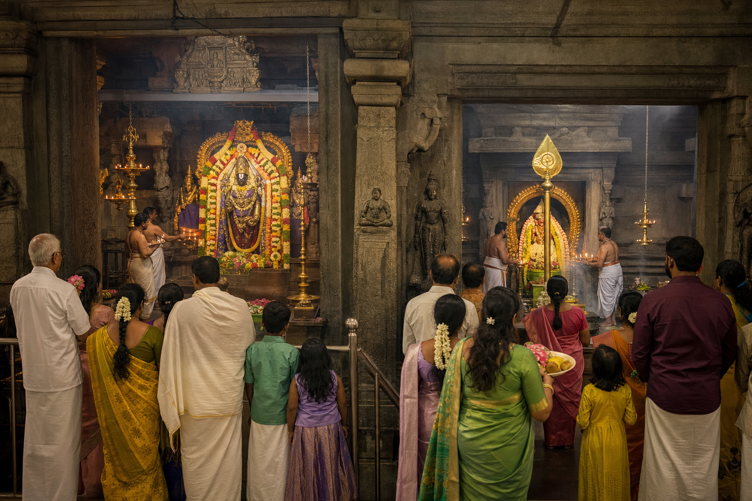 Devotees offer tulasi, flowers, fruit, and coconuts in adjoining Vishnu and Murugan worship spaces lit by brass lamps.