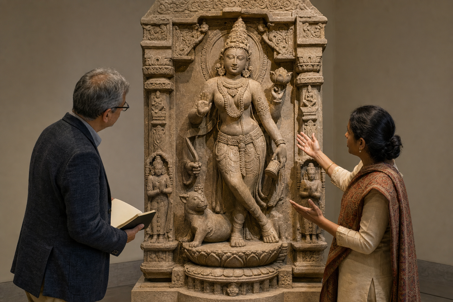 A scholar and temple guide examine the posture, gestures, implements, ornaments, attendants, and base of a standing goddess sculpture.