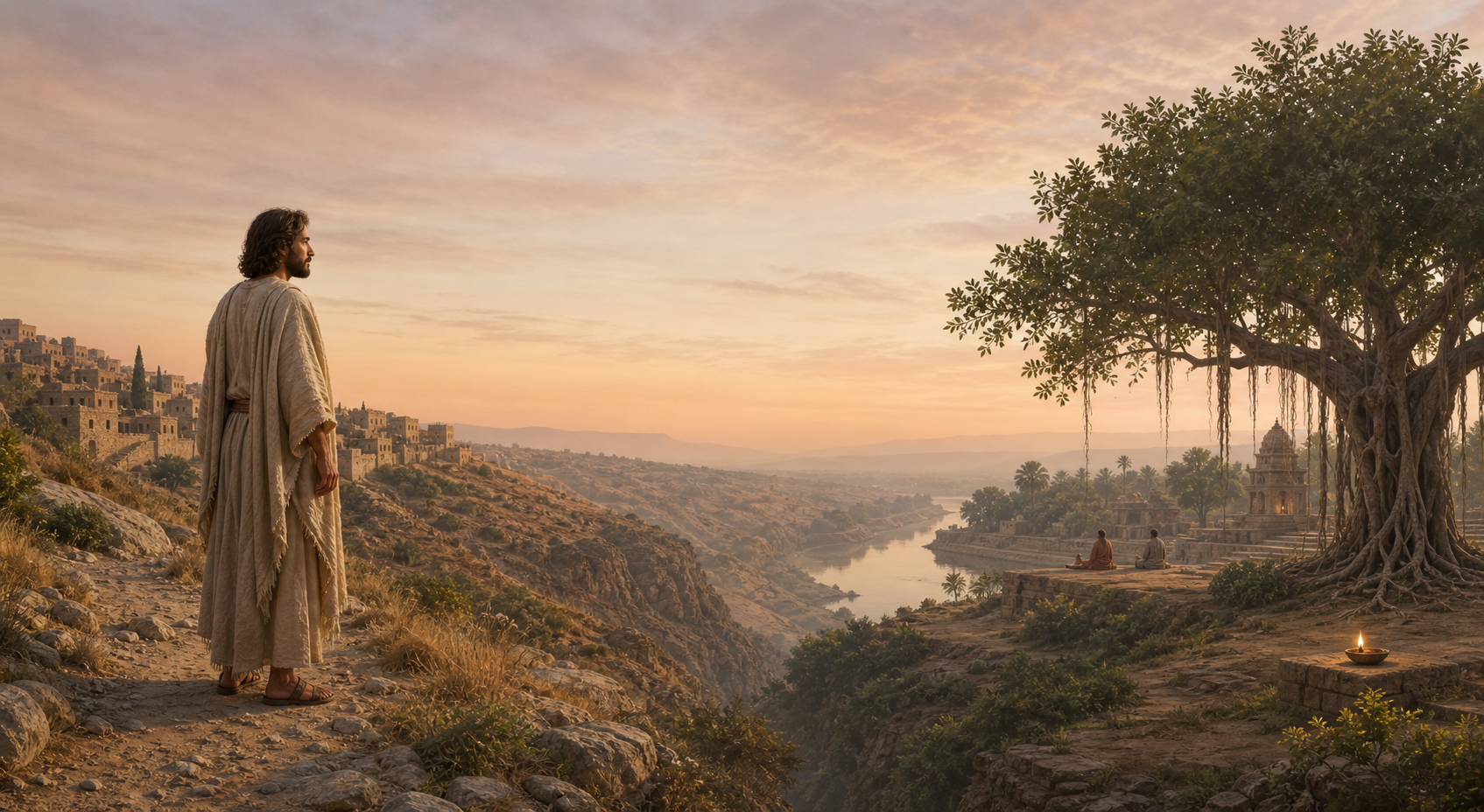 Editorial illustration of Jesus in a first-century Levantine landscape facing a separate Indian riverside scene beneath a shared dawn sky.
