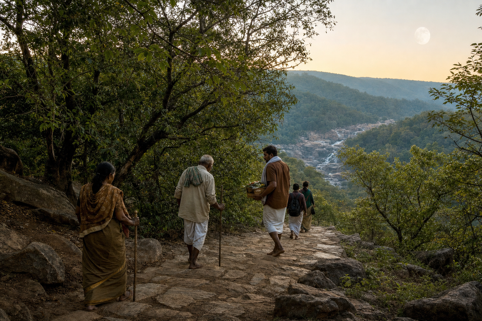 Pilgrims walk courteously along a wooded stone path toward a rocky watercourse in the Seshachalam hills.