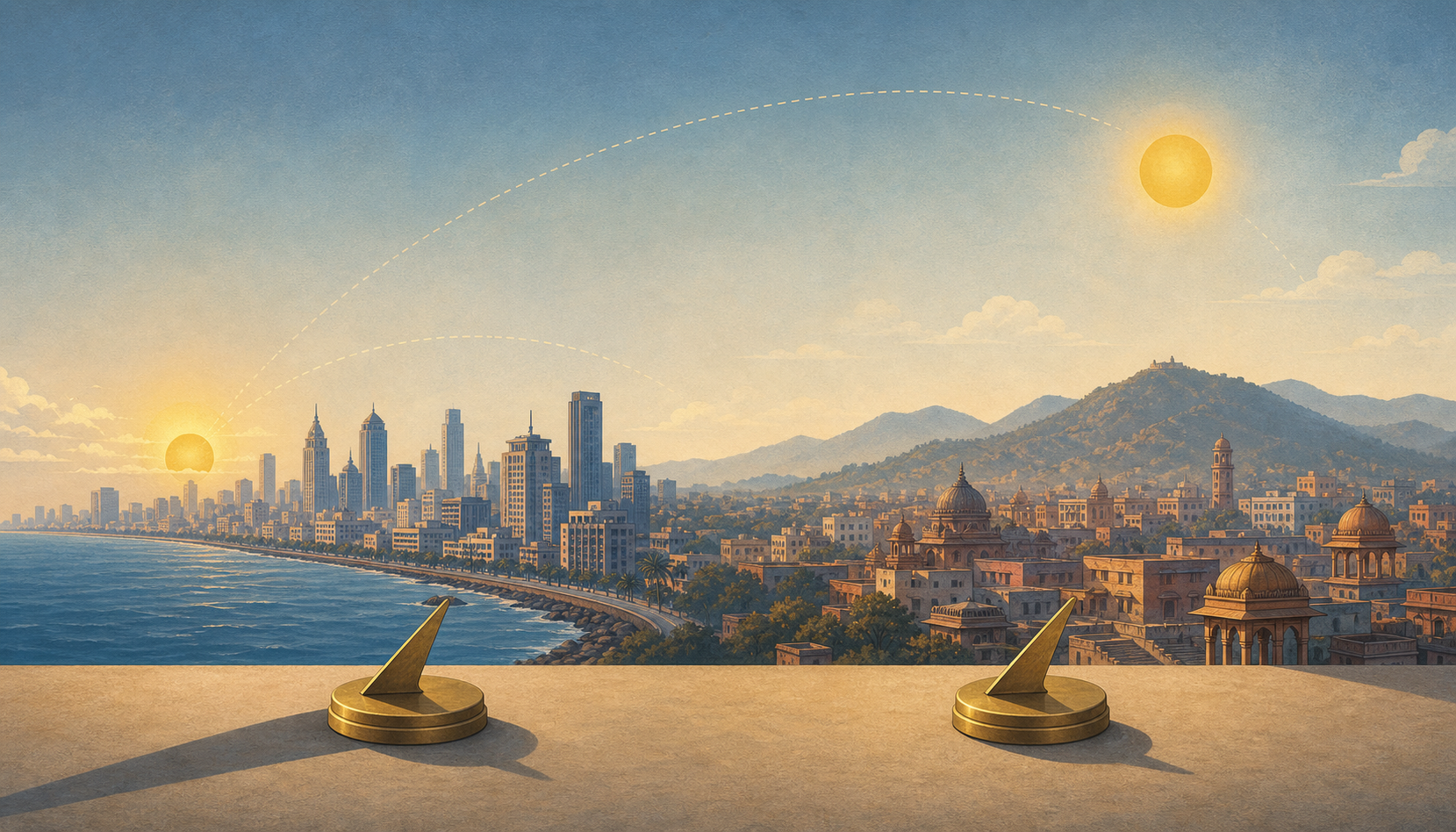 Two contrasting Indian city landscapes show the sun at different heights and shadows of different lengths beside unmarked brass sundials.