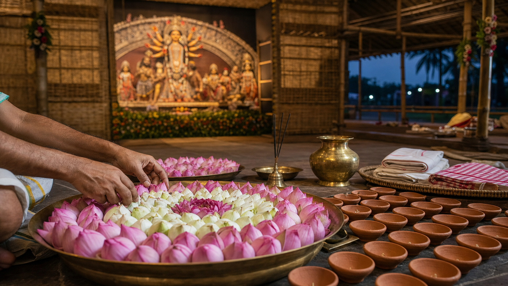 A devotee arranges pink and white lotus blossoms on brass trays beside unlit earthen lamps in a Durga Puja pavilion.