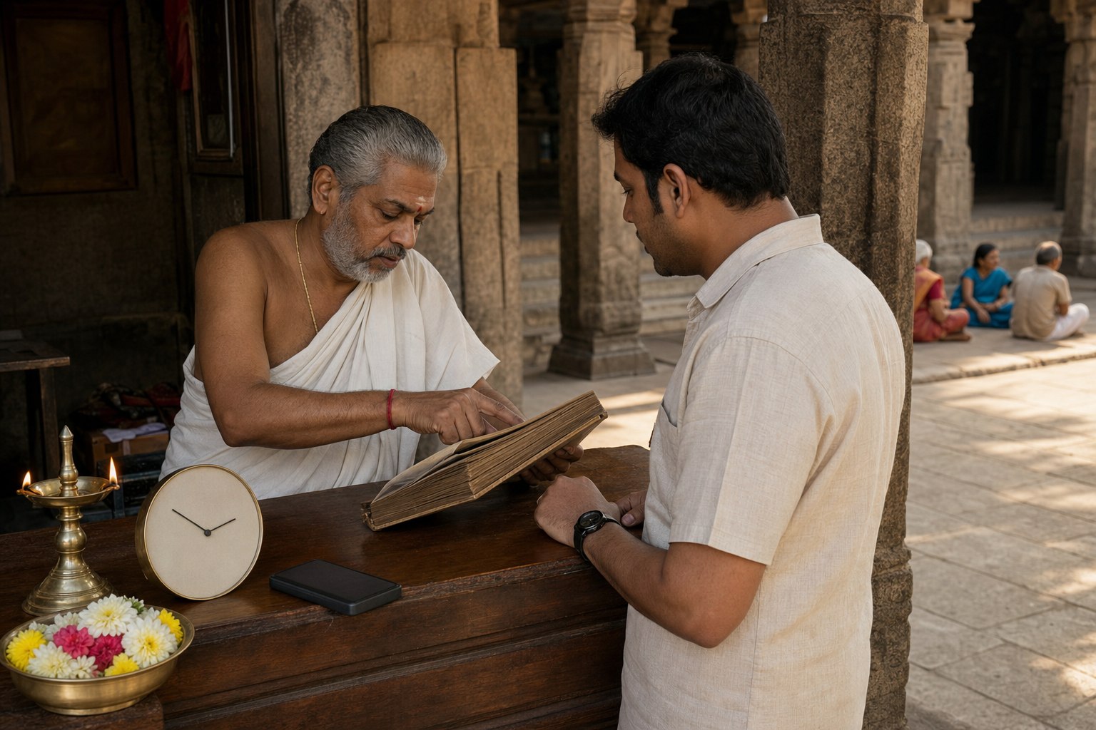 A temple attendant and visitor consult an open almanac beside a clock, lamp, flowers, and face-down phone at an information counter.