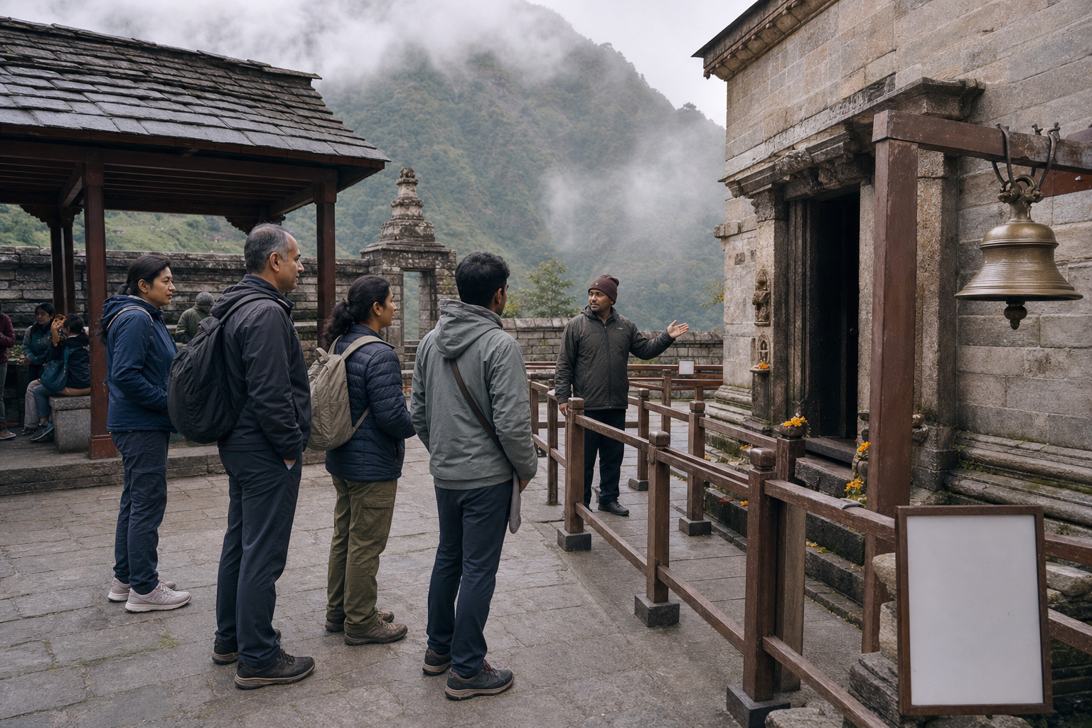 A temple attendant speaks with travelers beside a defined boundary between an open courtyard and a Himalayan shrine entrance.