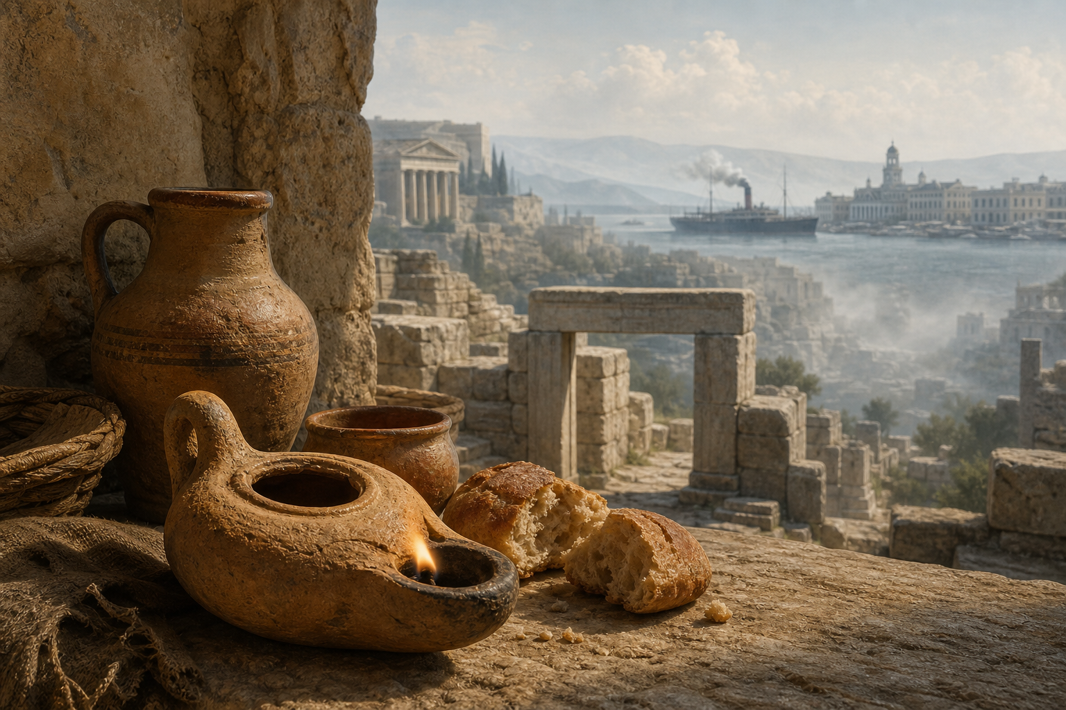 A first-century Mediterranean oil lamp and pottery in the foreground, with a distant steamship and colonial-era buildings beyond many receding layers.