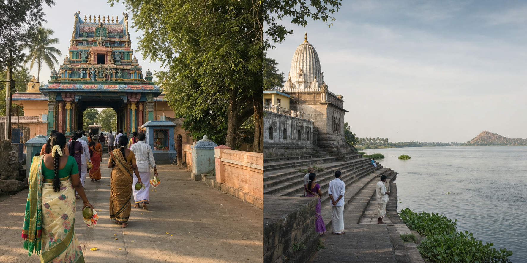 A split scene shows devotees approaching a busy village temple courtyard and pilgrims standing near a quieter temple beside the Krishna River.