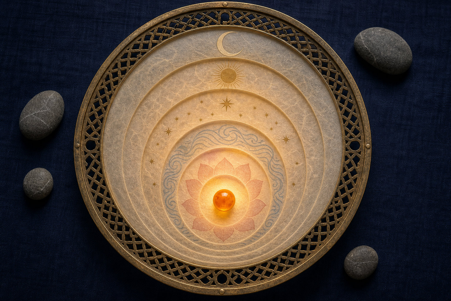 Five concentric translucent screens with celestial and natural motifs filter scattered stones, leaving one glowing bead at the center.