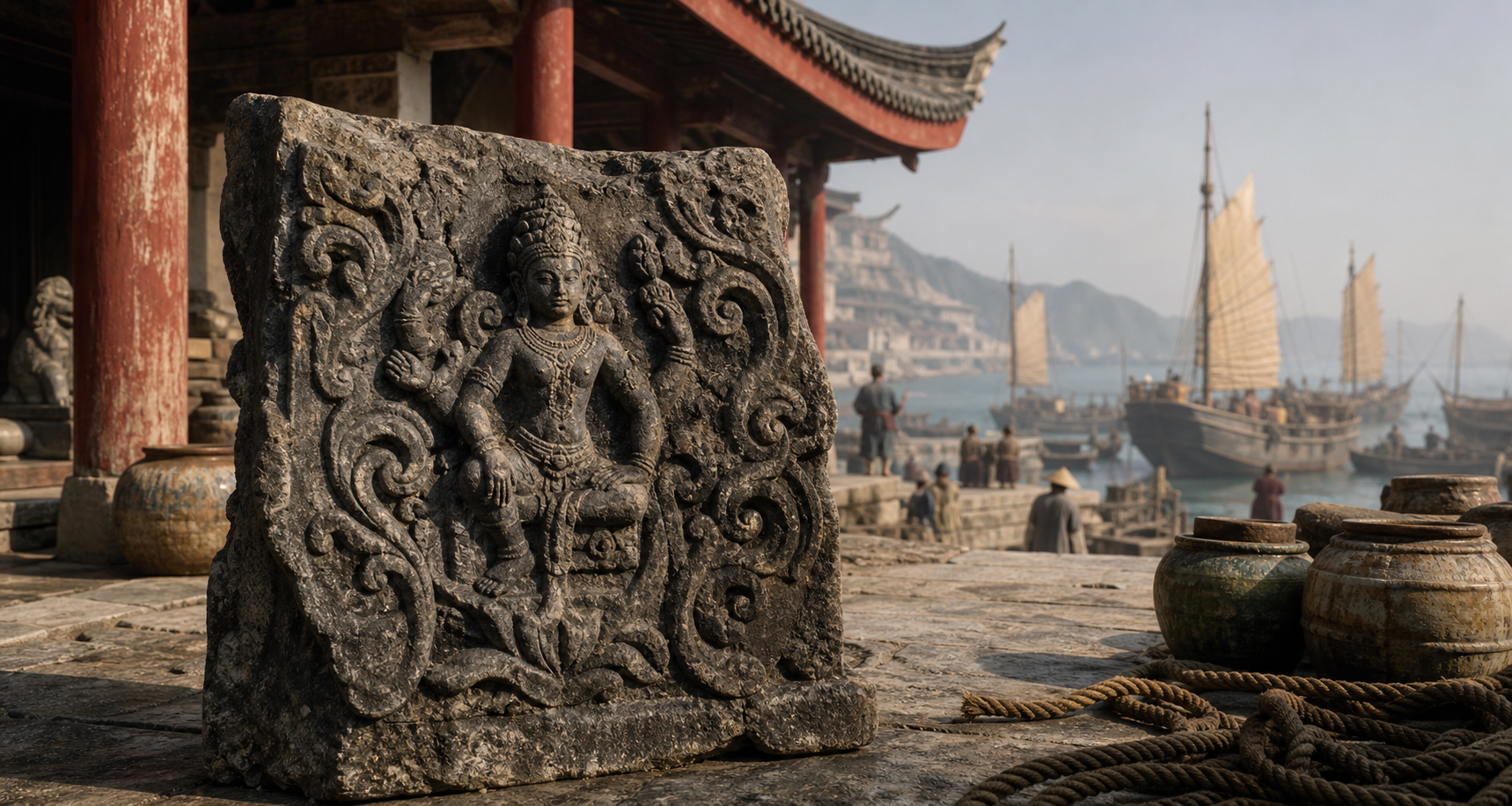 Weathered Hindu-style carved stone in a southern Chinese temple courtyard overlooking a historic maritime harbor.