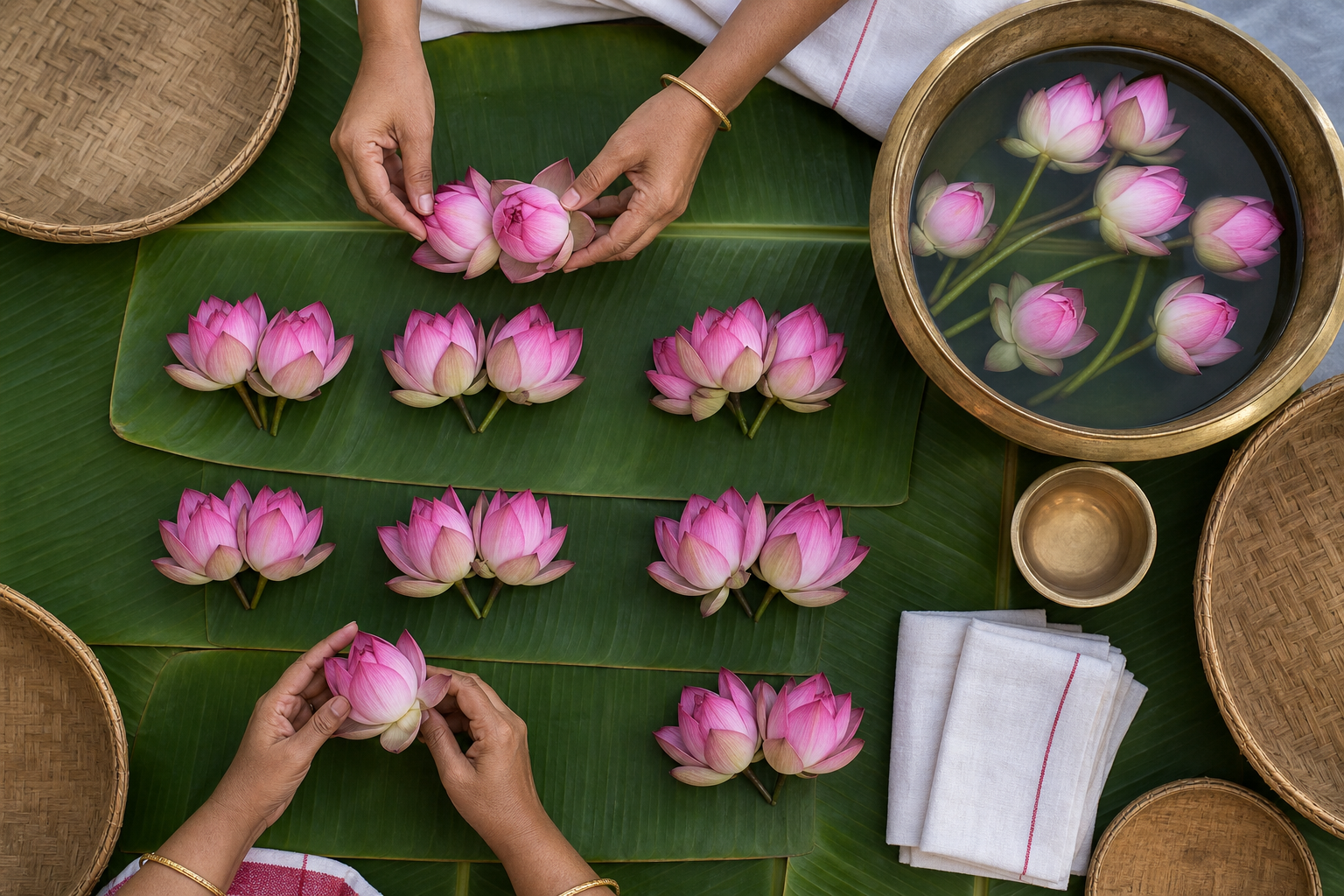 Lotus blossoms are sorted into small clusters on banana leaves and woven trays beside a brass basin of water.