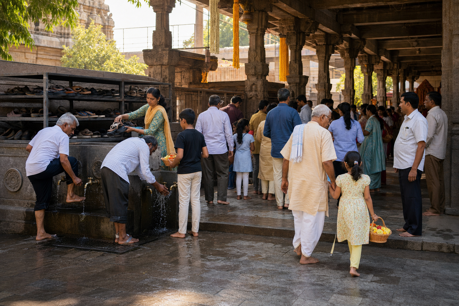 Devotees leave footwear on a rack, wash at a stone tap, carry flower offerings, and form an orderly queue at a temple entrance.