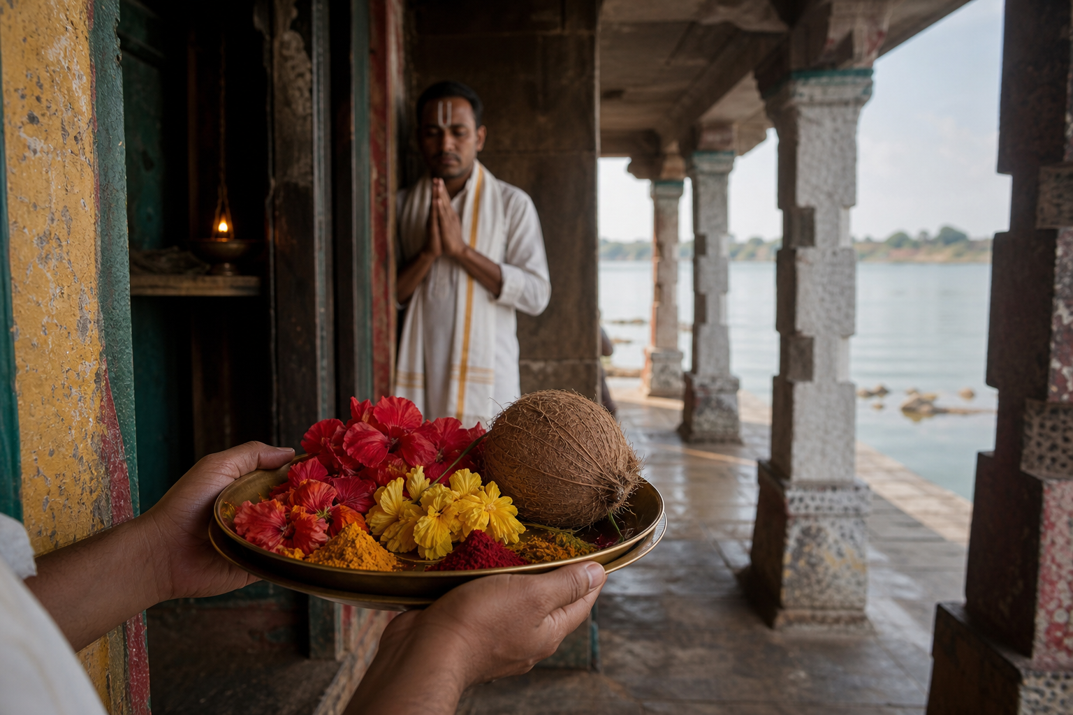 A devotee holds a brass plate of flowers, turmeric, kumkum, and a coconut while another worshipper prays near a temple doorway overlooking the river.