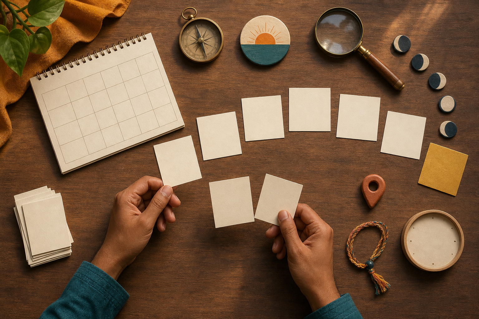 Hands compare blank planning cards on a desk where seven cards lead from an unmarked calendar grid toward one golden selection.