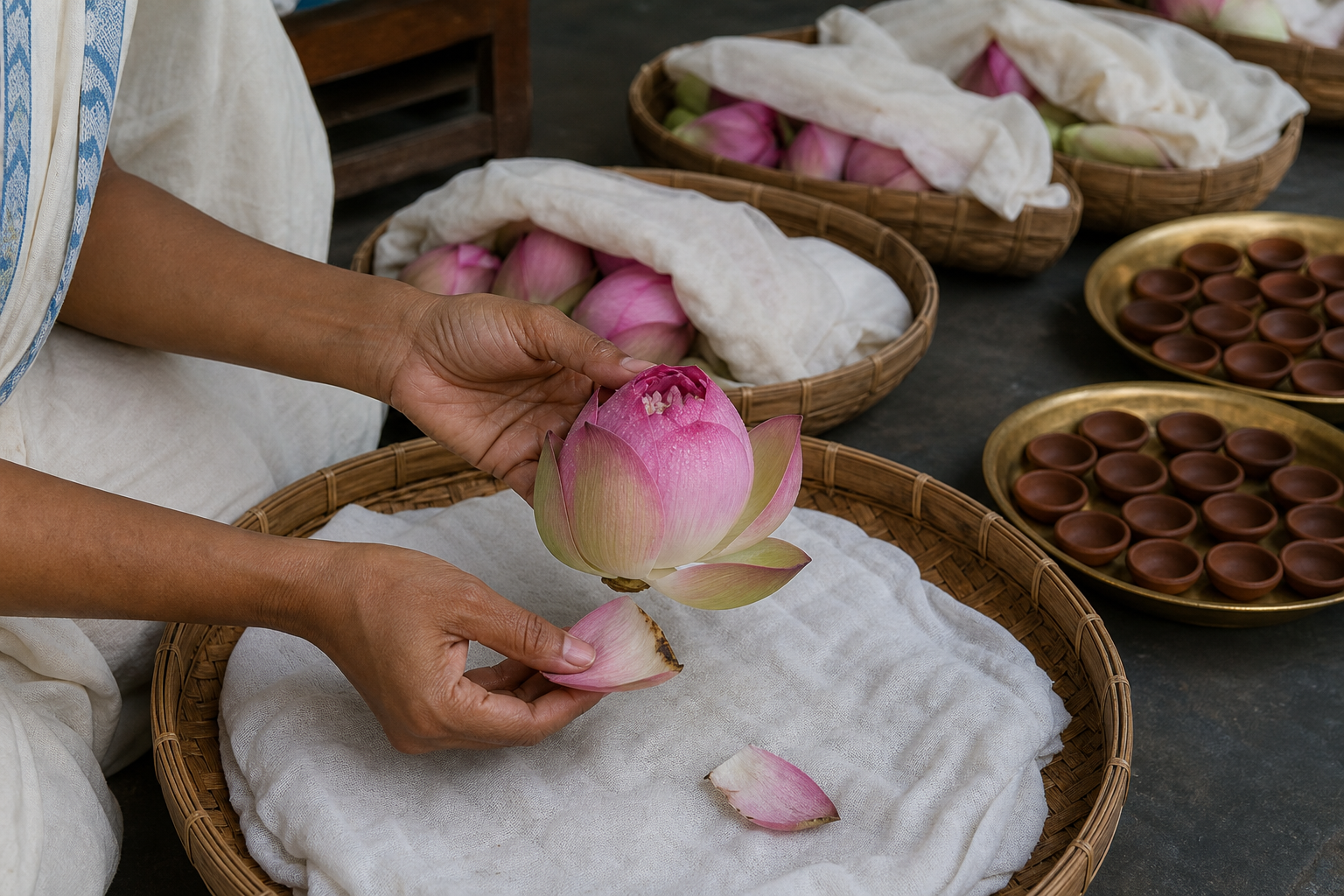 Hands inspect a pink lotus before placing it on damp cloth in a prepared bamboo basket.