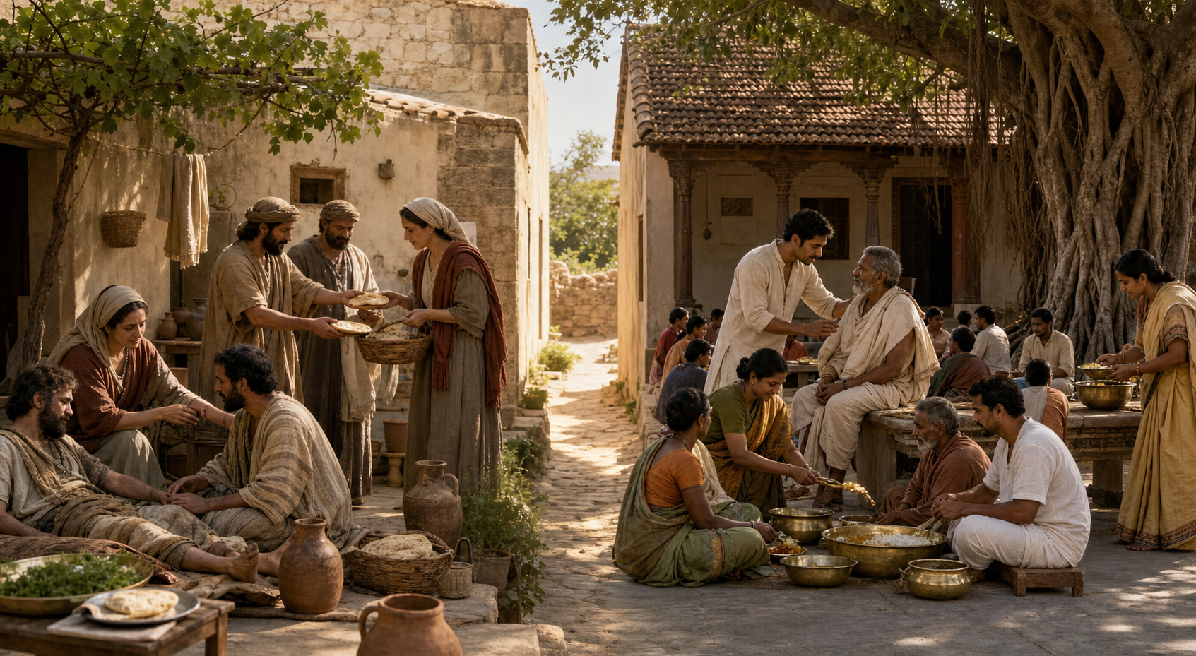 Parallel scenes show people sharing food and caring for others in distinct Levantine and Indian community courtyards.
