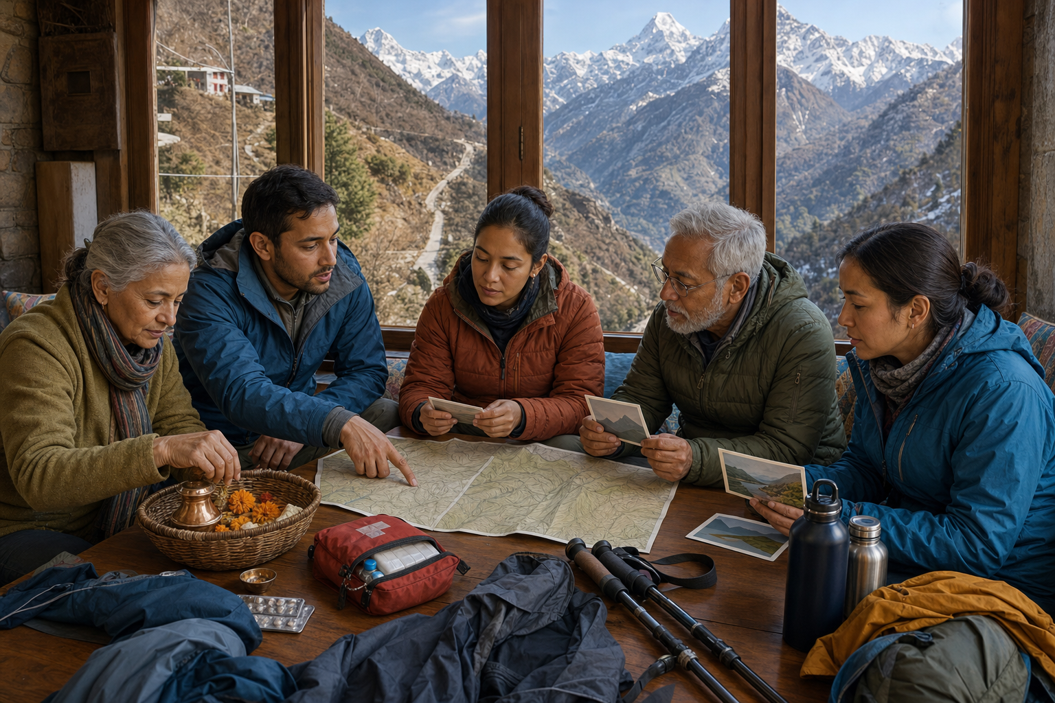 A multigenerational group plans ritual and non-ritual activities around a table in a Himalayan guesthouse.
