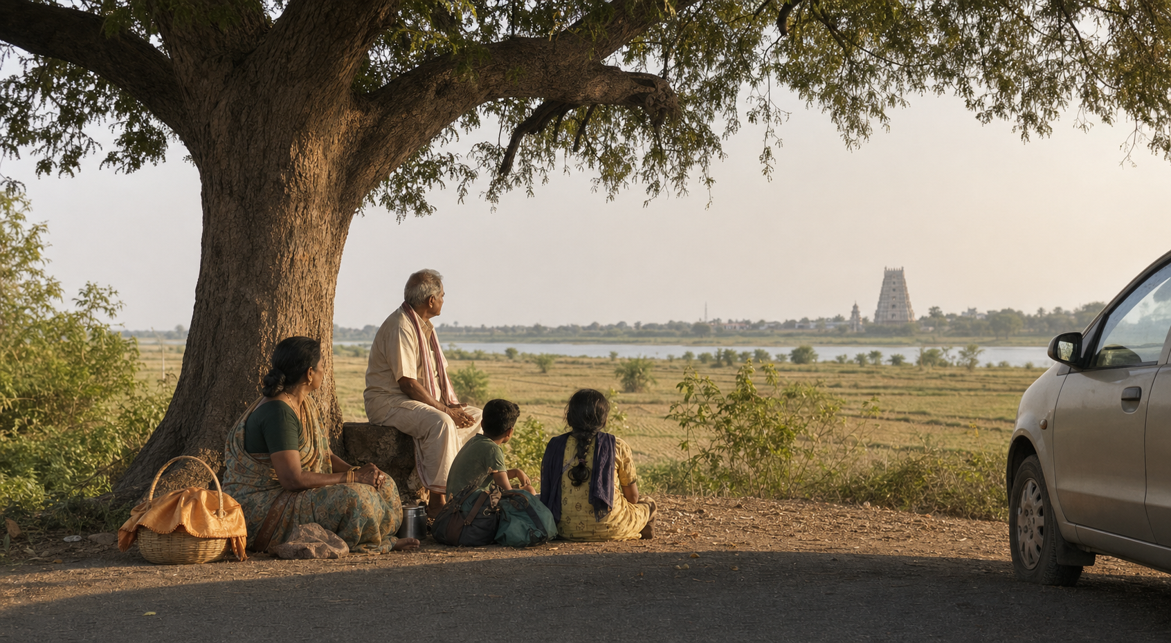 A family of pilgrims rests under a tamarind tree beside a rural road, with a distant temple tower and the Krishna River beyond the fields.