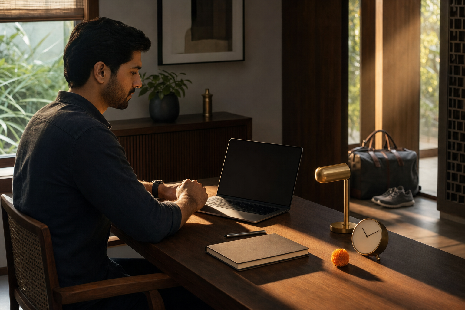 A person pauses at an orderly dawn workspace with a brass lamp, flower, blank notebook, unnumbered clock, laptop, and travel bag nearby.