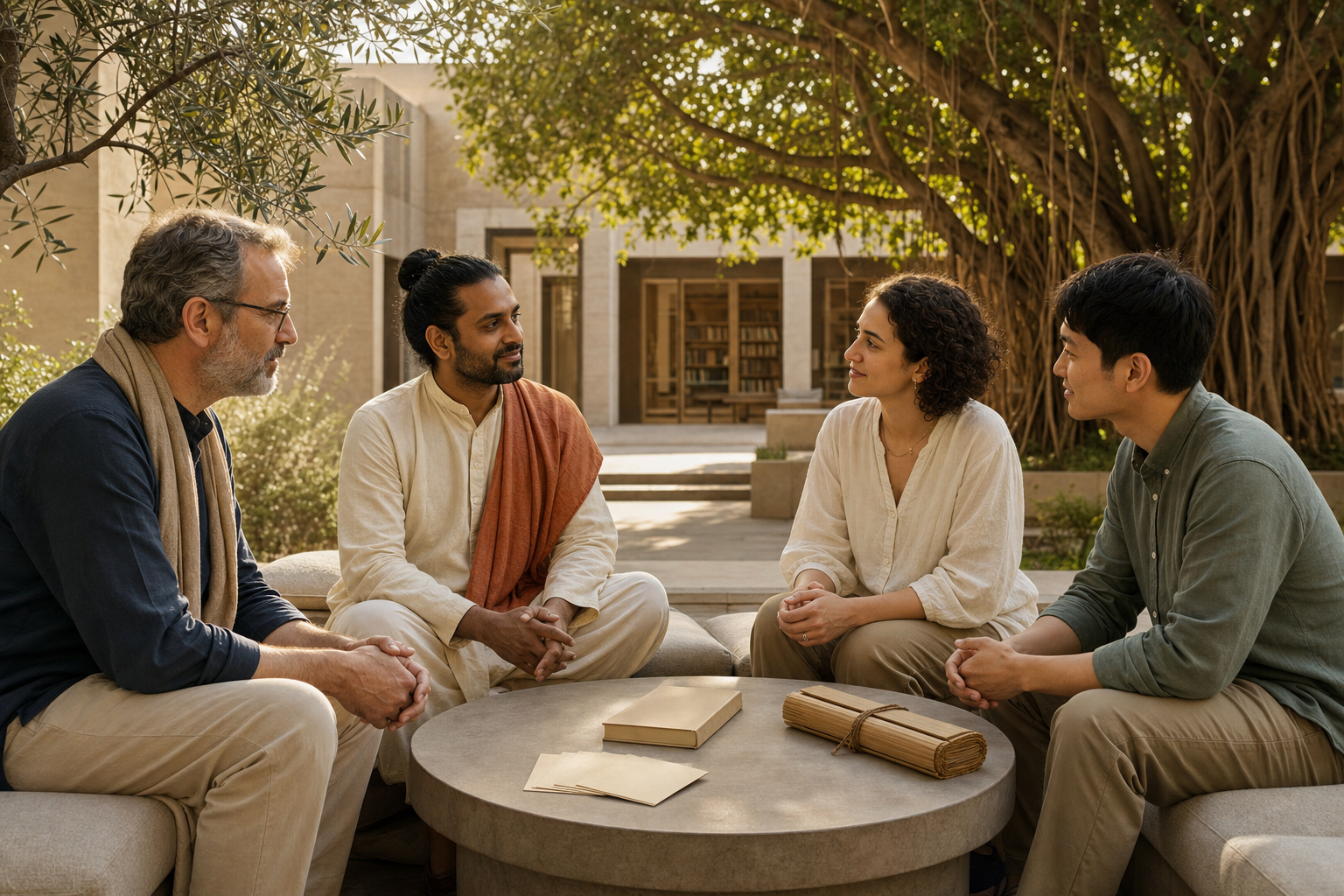 Four people from Christian and Hindu backgrounds hold a calm conversation around a table in a library courtyard.