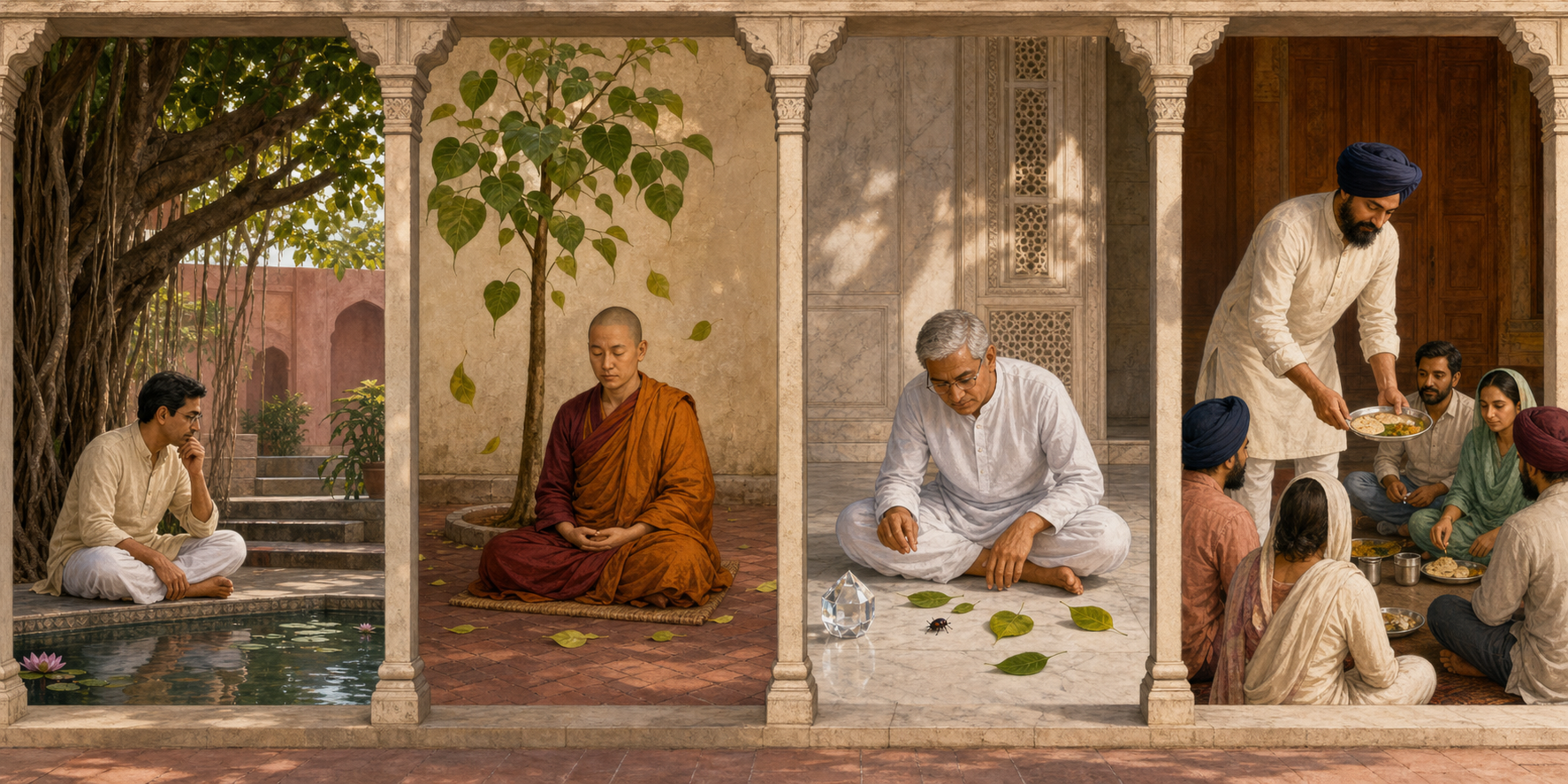 Four side-by-side courtyard bays show a Hindu scholar beside a pool, a Buddhist monastic near a Bodhi sapling, a Jain lay scholar observing a beetle, and a Sikh volunteer serving a communal meal.