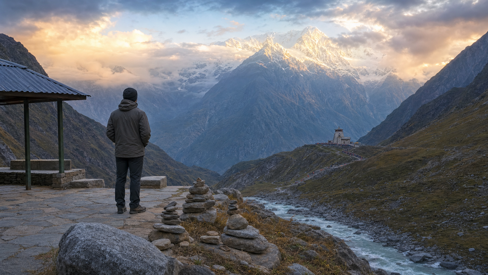 A traveler watches a distant Himalayan temple from a public mountain viewpoint at sunrise.