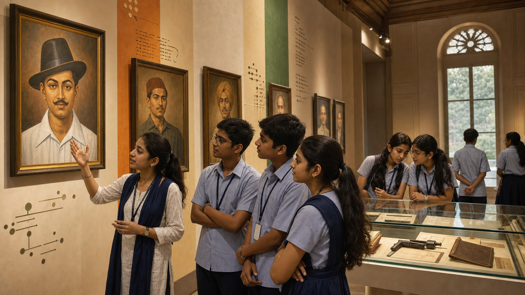 Teenage students follow a guide through an Indian freedom struggle exhibition with painted portraits and artifact displays.