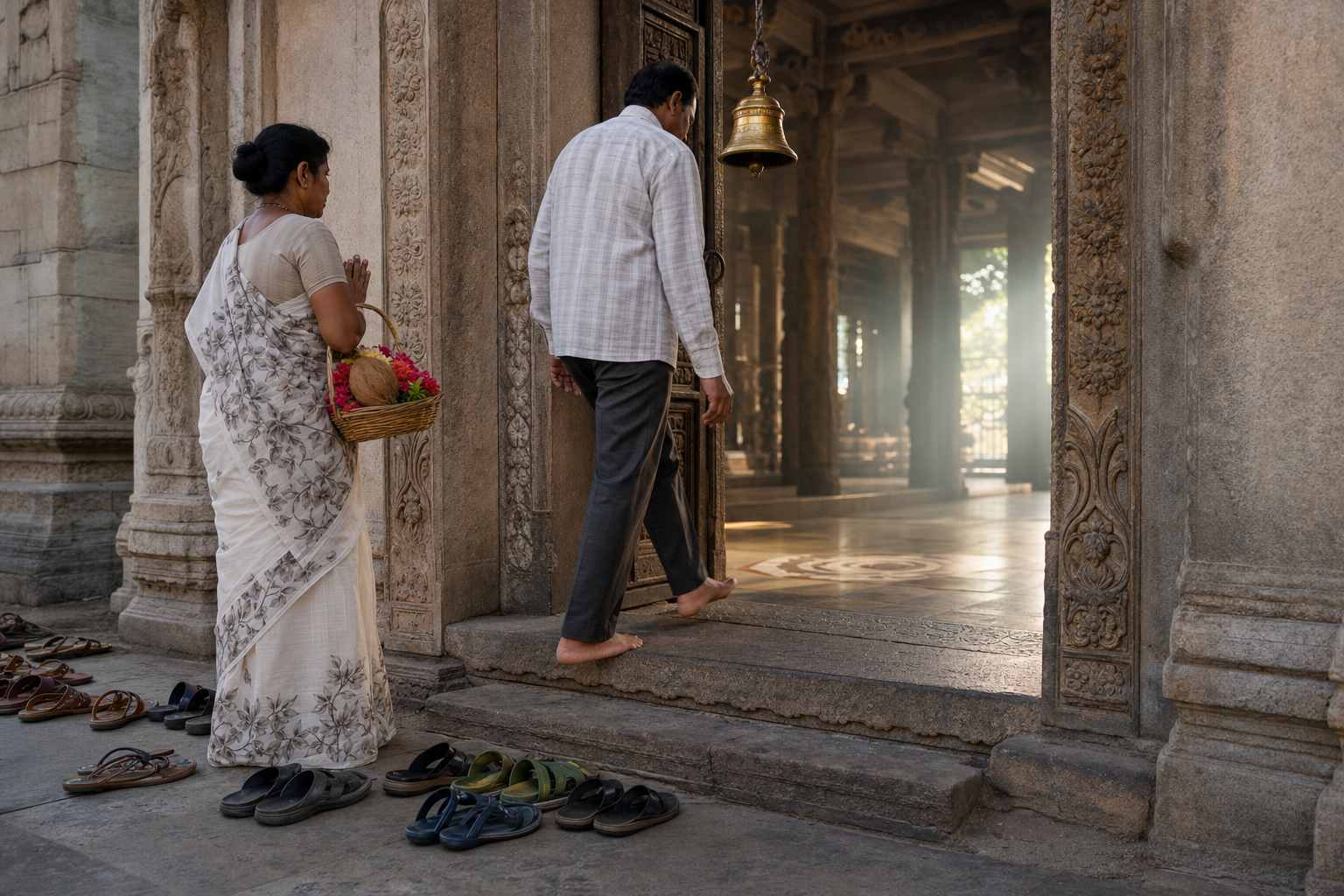 Barefoot pilgrims enter a temple with folded hands and a basket of flowers and coconut, leaving their sandals outside the stone threshold.
