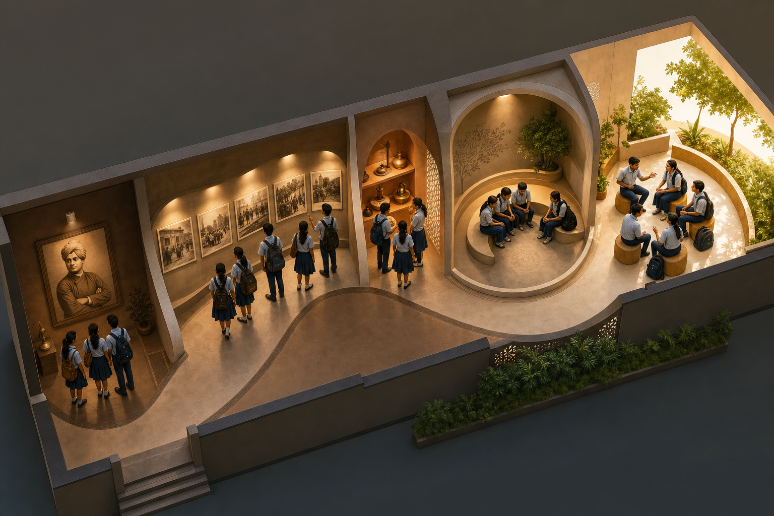 Overhead view of students following a curved route through five connected areas of a youth history exhibition.