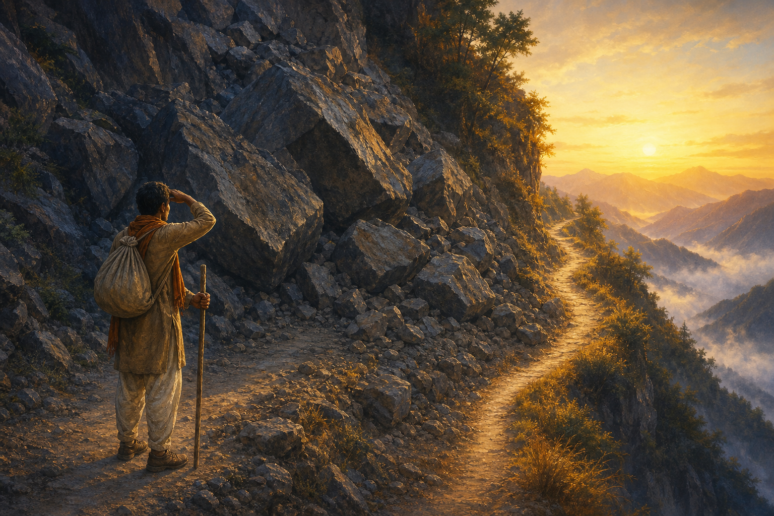A traveler calmly studies an alternate mountain trail after a rockfall blocks the direct path at sunrise.