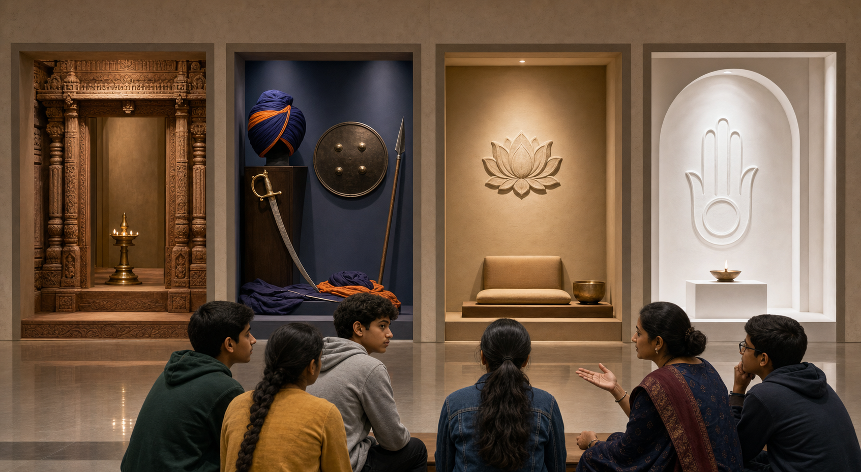 Students compare four separate museum alcoves displaying objects associated with Hindu, Sikh, Buddhist, and Jain traditions.