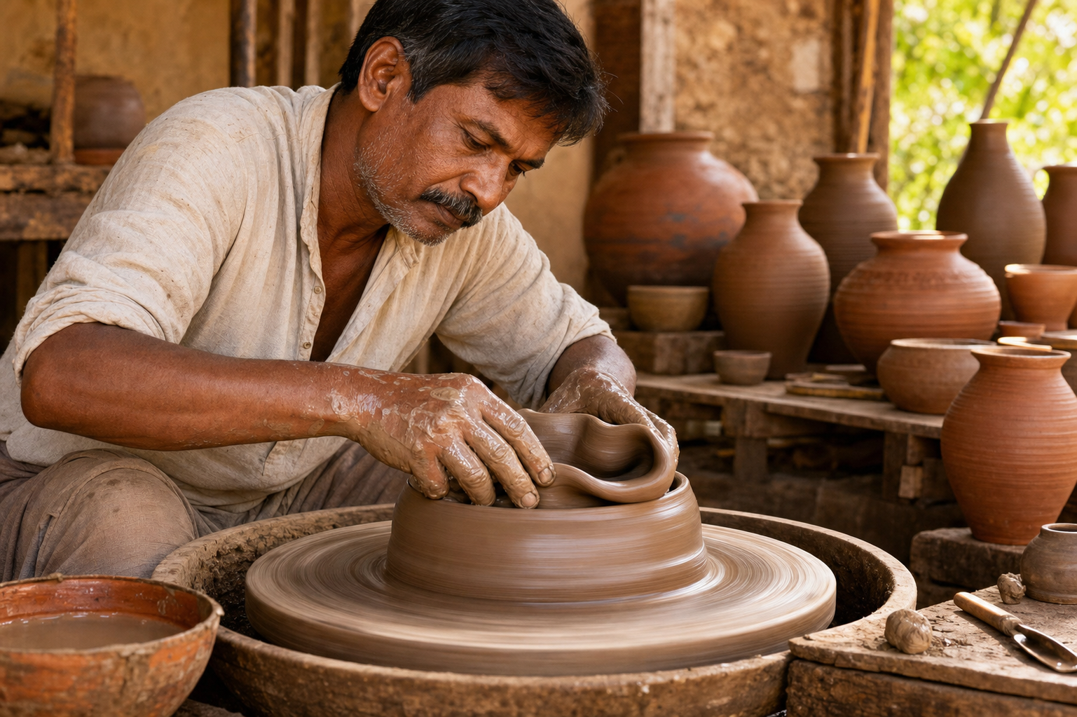 A potter reshapes a slumped clay vessel into a lower form at a sunlit workshop wheel.