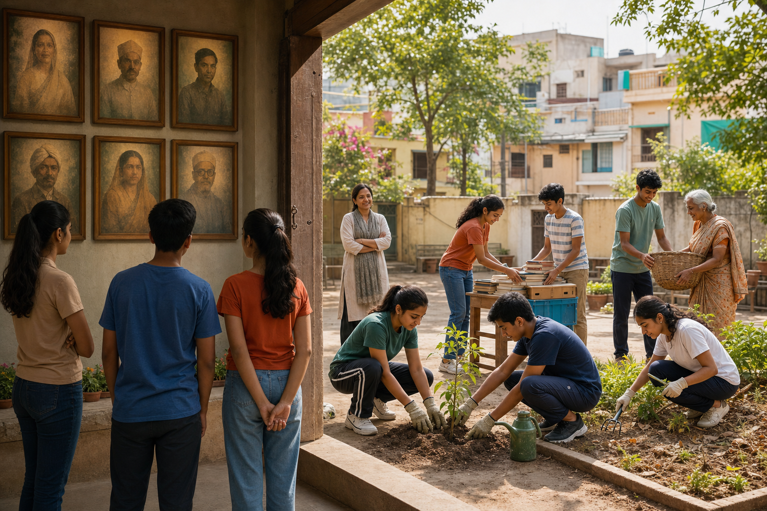 Teenagers leave a freedom history gallery and take part in tree planting, book sorting, and neighborhood cleanup activities.