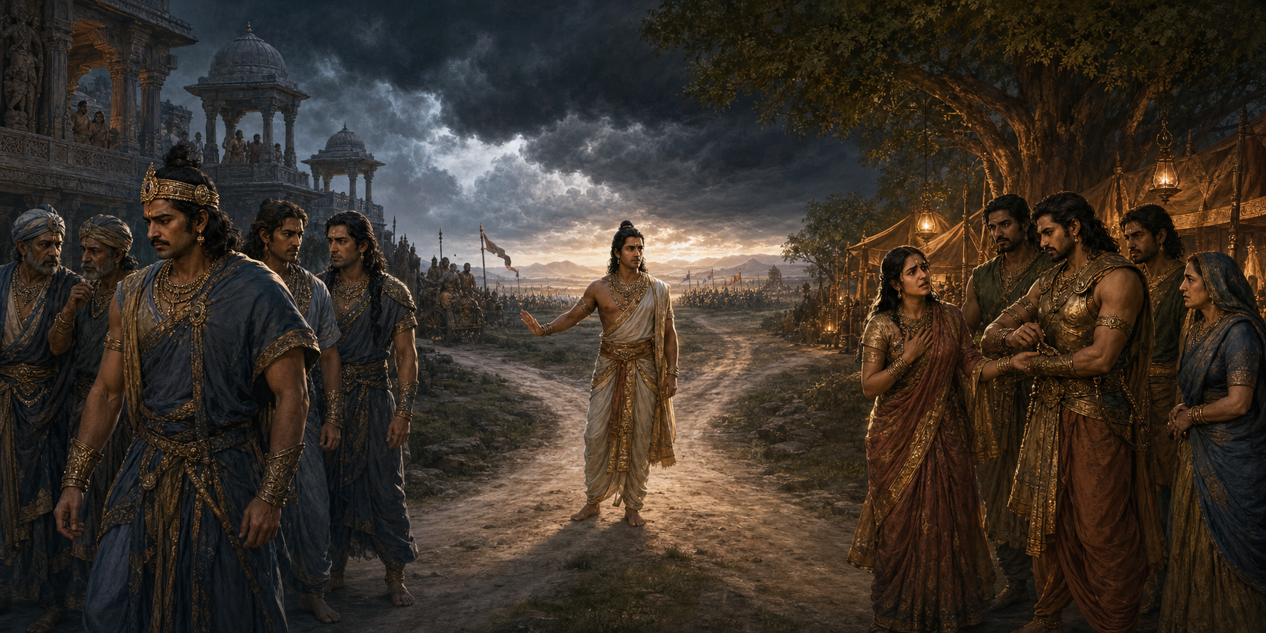 Two groups from an ancient Indian epic setting approach the same battlefield, one divided by suspicion and the other mobilized by a relative's distress, while a counselor gestures for them to pause at a crossroads.