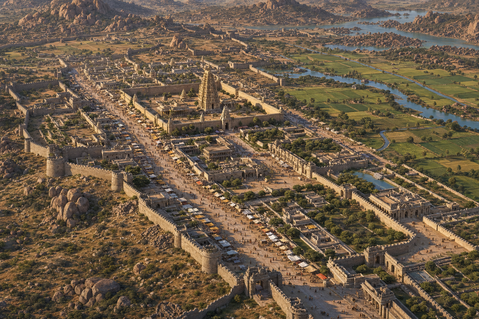 The broad Hampi Bazaar avenue and its stone-pillared pavilions aligned with the gopuram of Virupaksha temple.