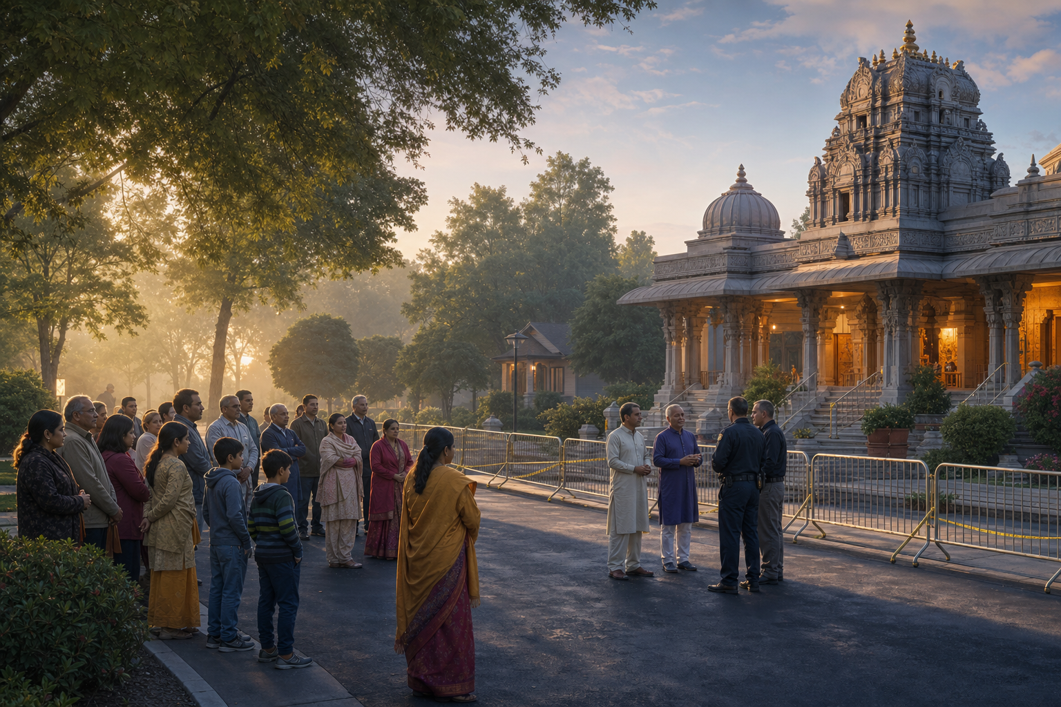 Hindu community members and local public-safety personnel gather calmly outside a suburban temple at dawn while the entrance area remains protected.